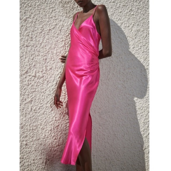 NWT hot pink satin midi wrap dress ZARA Barbiecore - Picture 8 of 12